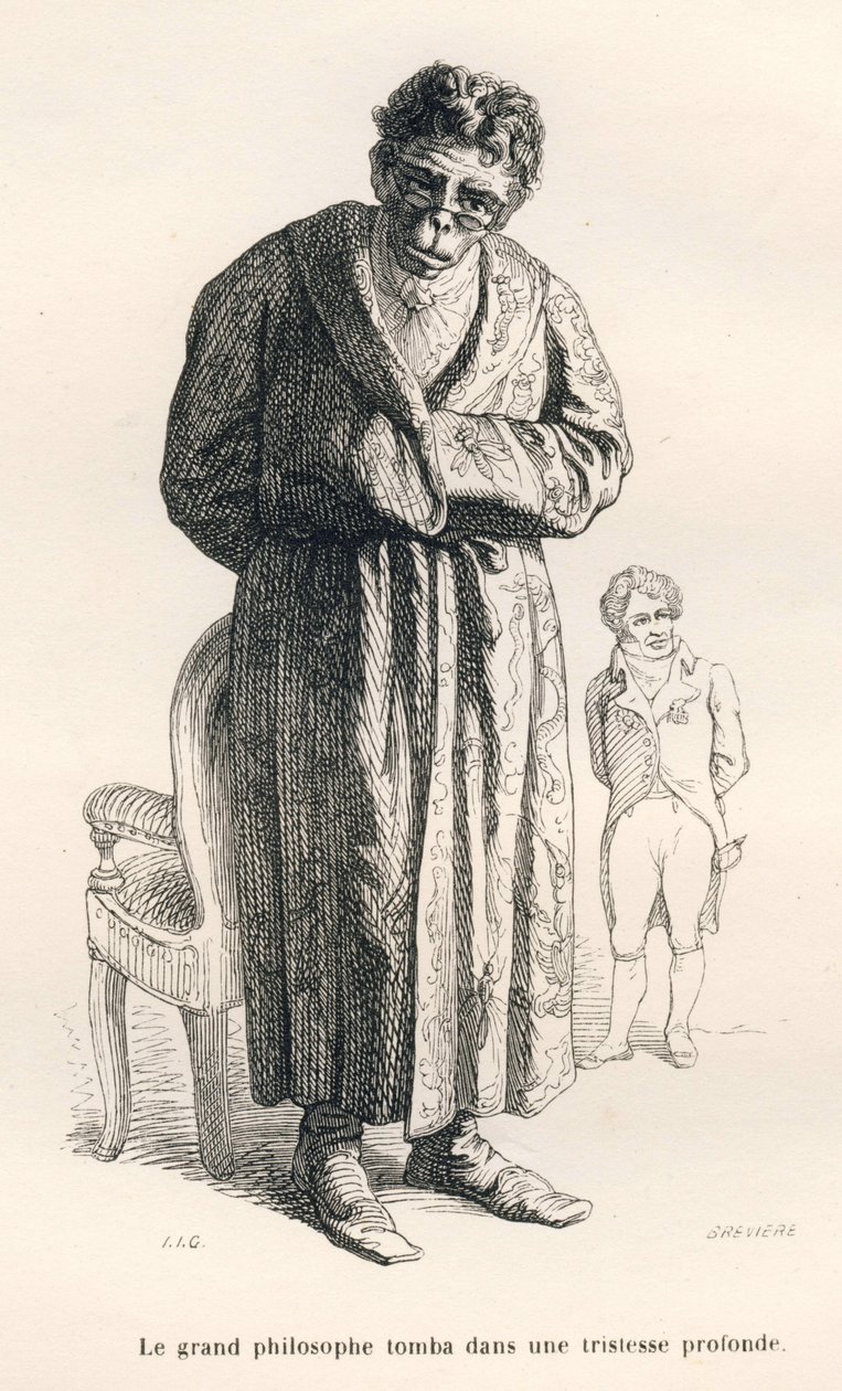 قرد الفيلسوف. المقالات القصيرة موضحة بواسطة JJ Granville. نقش وقع بريفير في القسم المعنون "دليل الحمار لاستخدام الحيوانات التي تريد تحقيق التكريم" كتبه أونوريه دي بلزاك في "مشاهد من الحياة الخاصة والعامة للحيوانات". بواسطة جراندفيل
