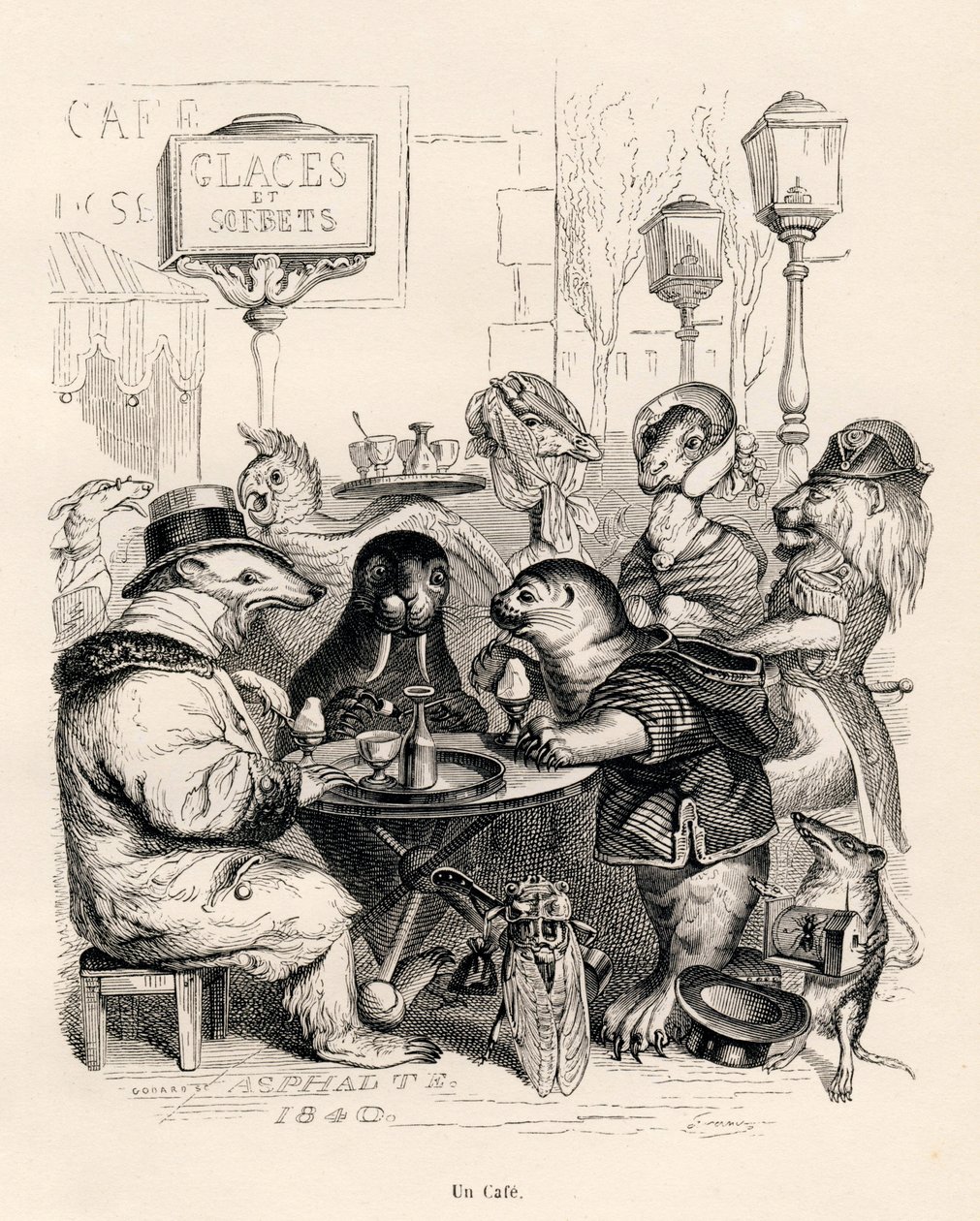 مقهى يرتاده الحيوانات بجميع أنواعها. المقالات القصيرة موضحة بواسطة JJ Granville. نقش وقع جودار في قسم بعنوان "رحلة أسد أفريقي في باريس" كتبه أونوريه دي بلزاك في "مشاهد الحياة الخاصة والعامة للحيوانات". ص بواسطة جراندفيل