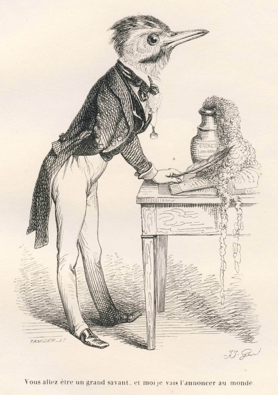 ستصبح عالماً عظيماً ، وسأعلنه للعالم. المقالات القصيرة موضحة بواسطة JJ Granville. نقش وقع تمايزير في القسم المعنون "دليل الحمار لاستخدام الحيوانات التي تريد تحقيق التكريم" الذي كتبه أونوريه دي بلزاك في بواسطة جراندفيل