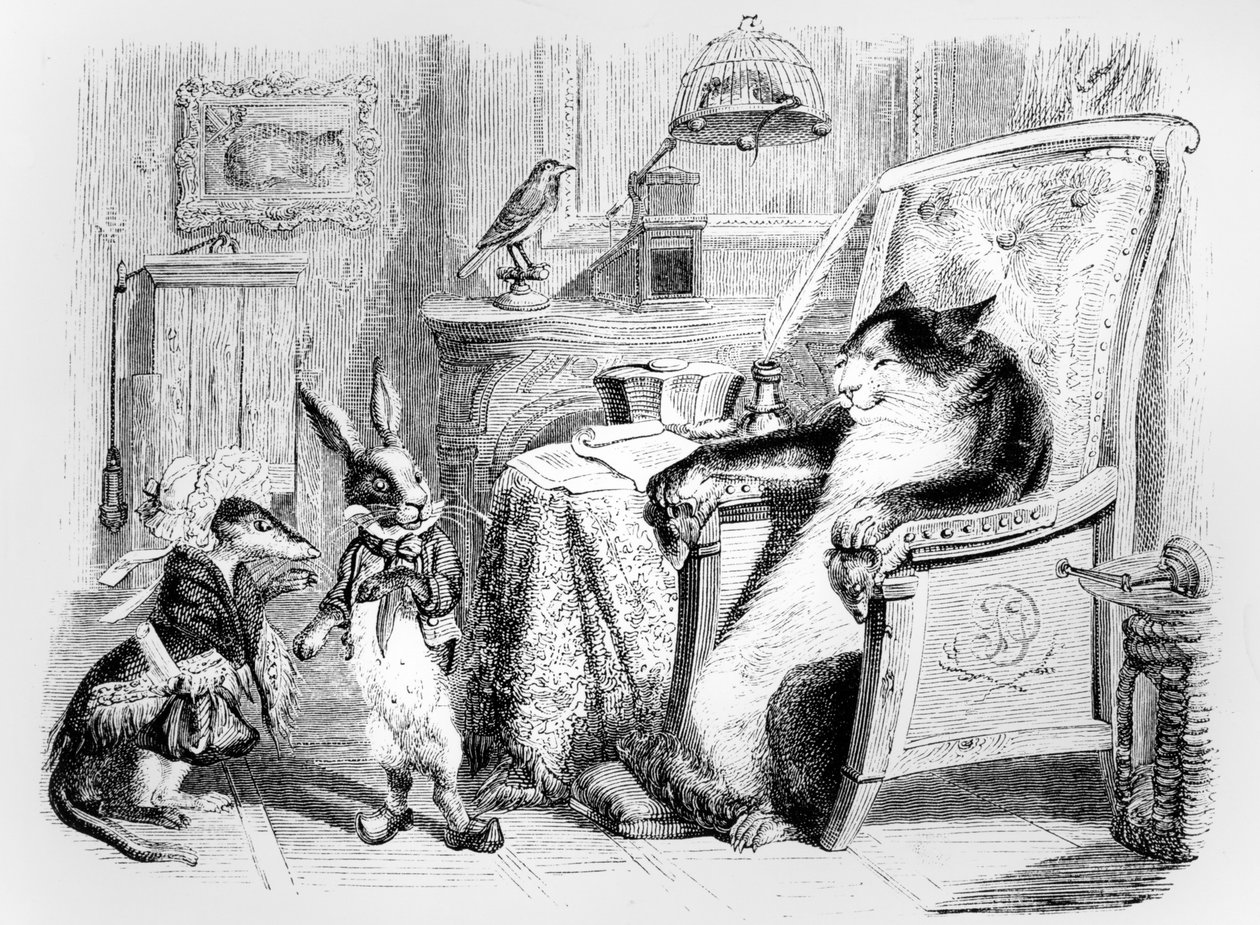 القط ، ابن عرس والأرنب الصغير ، رسم توضيحي لـ "خرافات" لافونتين (1621-1695) ، نشرها H.Fournier Aine ، 1838 بواسطة جراندفيل