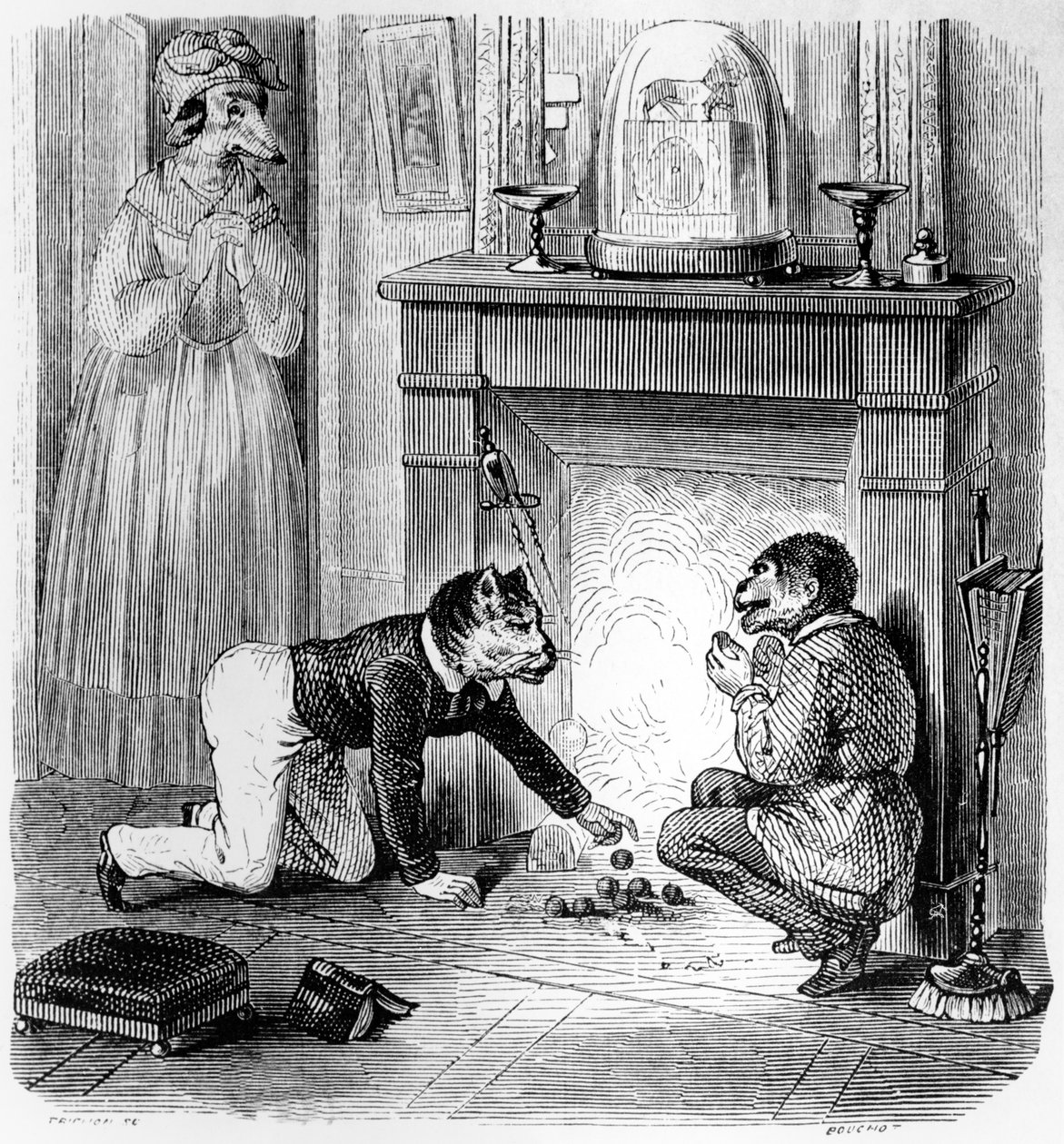 القرد والقط ، رسم توضيحي لـ "خرافات" لافونتين (1621-1695) ، نشره H.Fournier Aine ، 1838 بواسطة جراندفيل