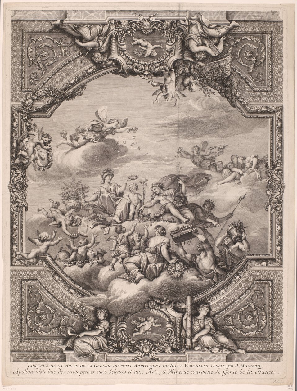 يوزع أبولو المكافآت ويتوج مينيرفا عبقرية فرنسا Apollon distirbuë des recompenses aux Sçiences et aux Arts، et Minerve couronne le Genie de la France (العنوان على الكائن) لوحات السقف في قصر فرساي (عنوان السلسلة) بواسطة جيرارد أودران