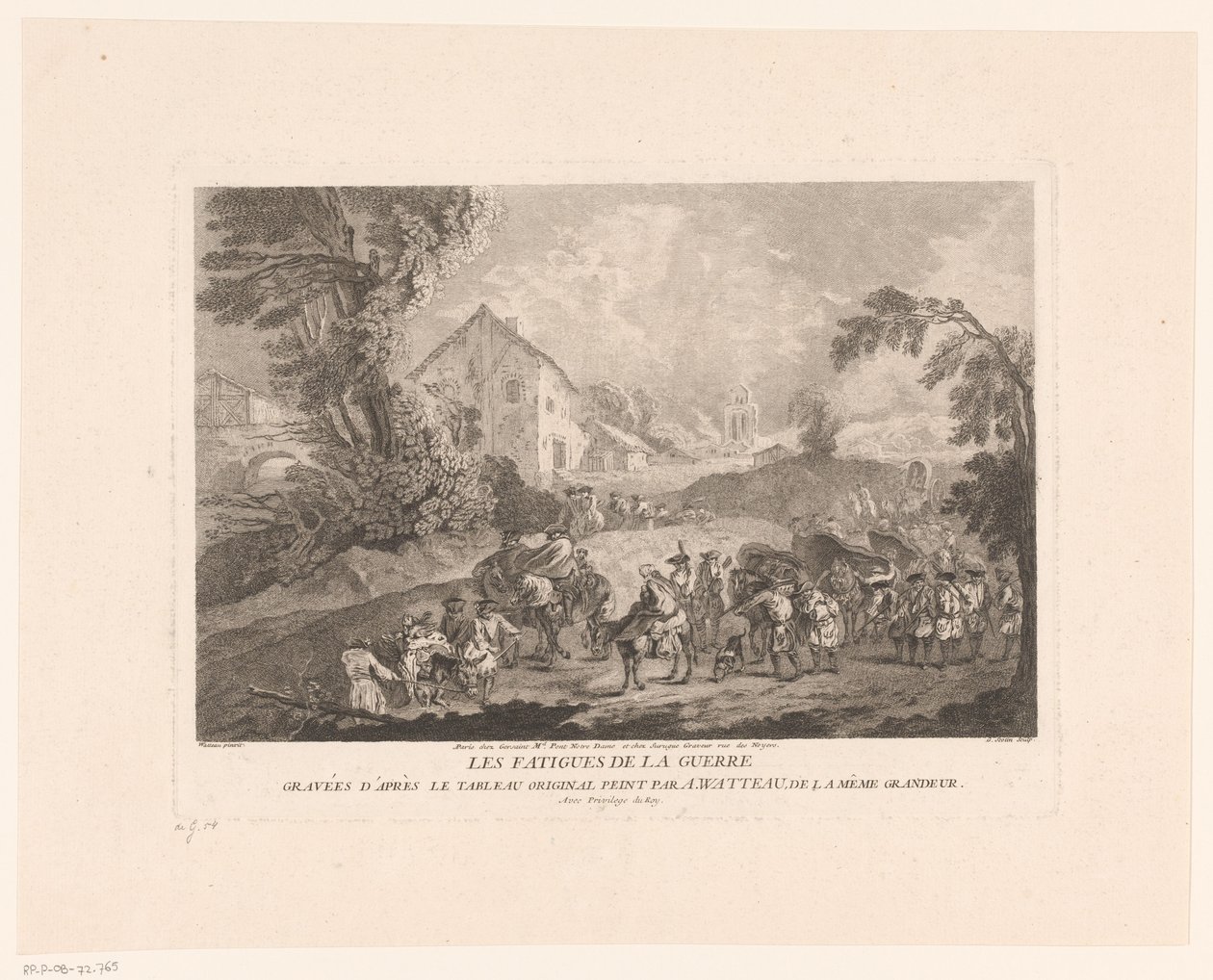 منظر طبيعي مع مجموعة عابرة من الجنود Les Fatigues de la Guerre (العنوان على الكائن) طبعات بعد أنطوان واتو (عنوان المسلسل) L