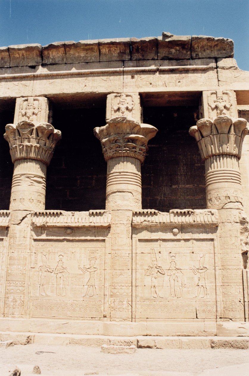 الجدار الجنوبي لبيت الميلاد الروماني ، أو Mammisi ، مع نقوش تصور فرعونًا يقدم القرابين للآلهة والأعمدة تعلوها صور بس ، c.125 قبل الميلاد - 60 ميلادي (انظر أيضًا 141598) بواسطة غريكو رومان