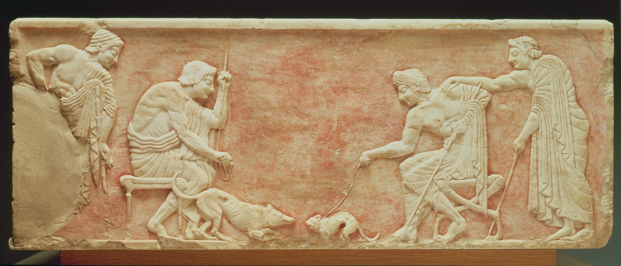 طعم الحيوانات ، نقش من قاعدة تمثال وجدت في مقبرة Dipylon ، أثينا ، c.510 قبل الميلاد (رخام) (انظر أيضًا 60008-10) بواسطة اليونانية