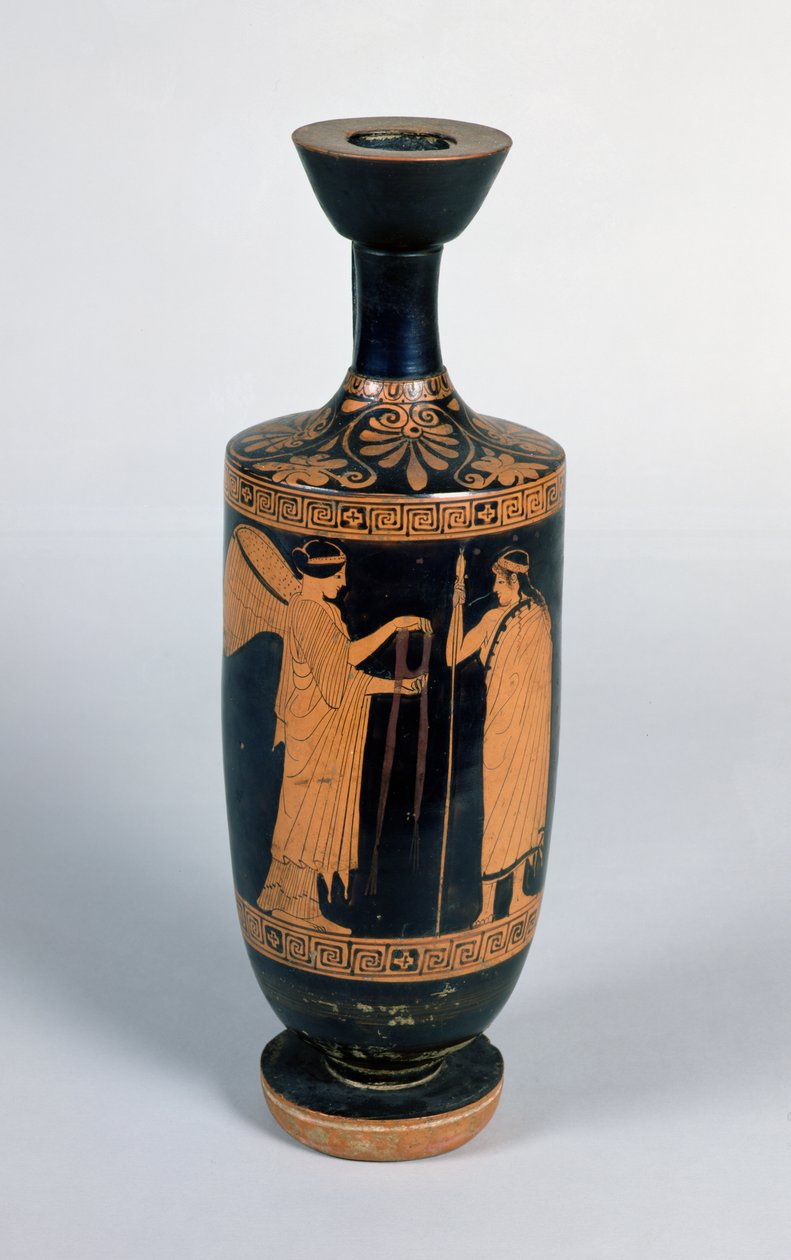 علية Lekythos ، تصور نايك (انتصار مجنح) تقدم إكليلا من الزهور للشباب ، c.480-470 قبل الميلاد (السيراميك) بواسطة اليونانية