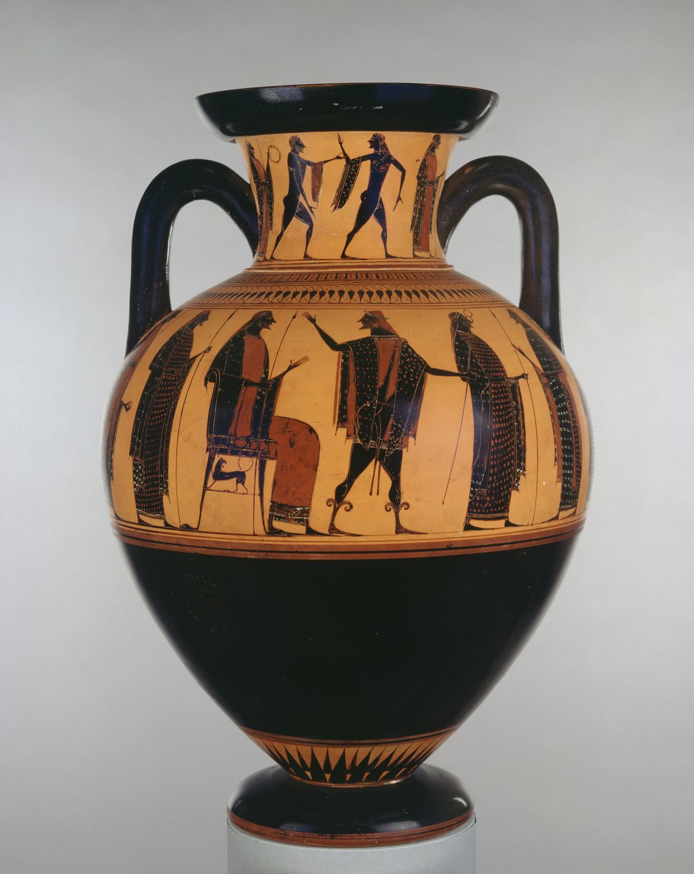 أمفورا علية الشكل الأسود مزينة بمناظر زيوس وهيرميس ، من قبل رسام Affecter ، c.540-525 قبل الميلاد (سيراميك) بواسطة اليونانية