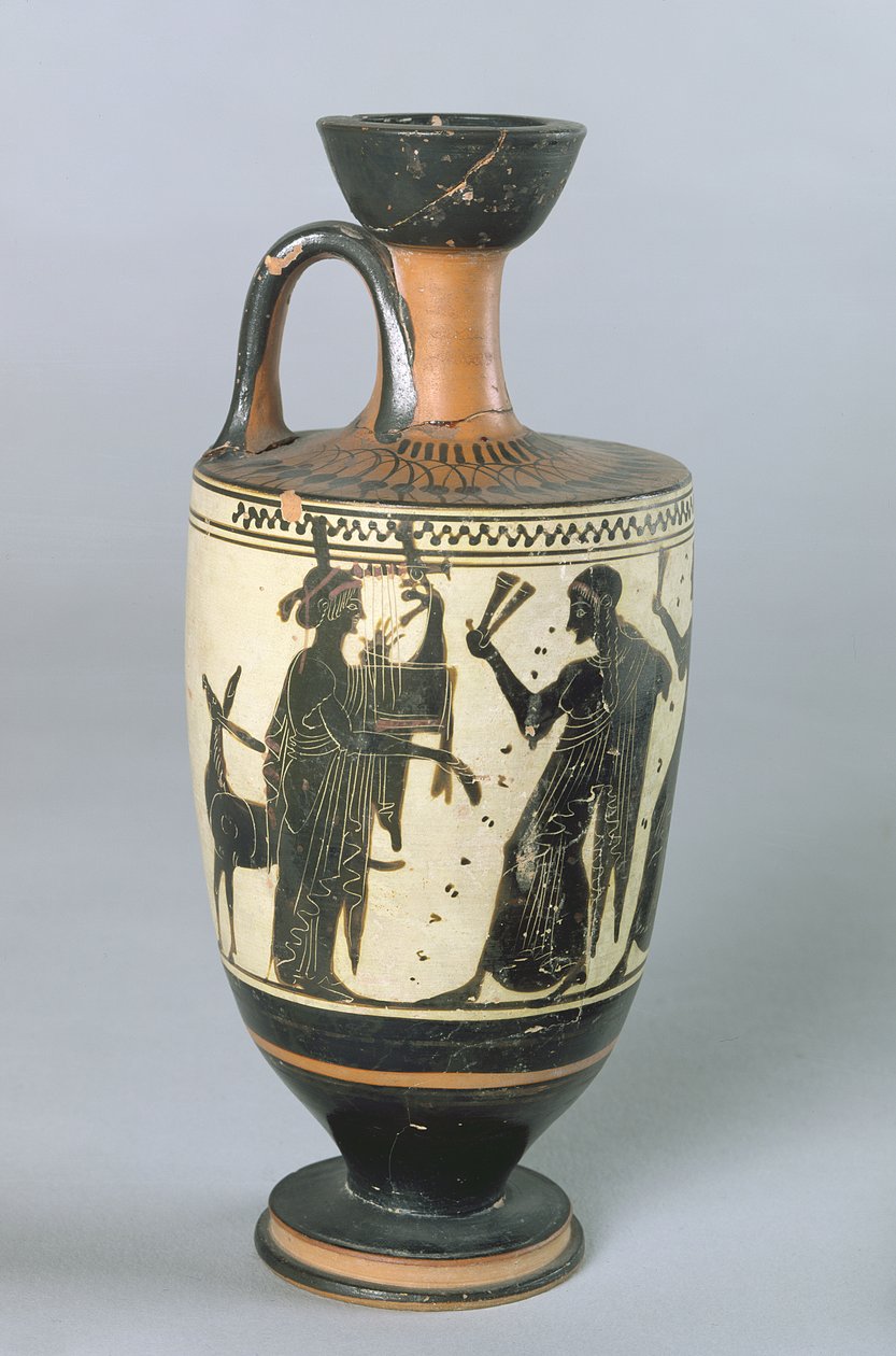 العلية Lekythos ذات الشكل الأسود التي تصور أبولو ومتحفه (الفخار) بواسطة اليونانية