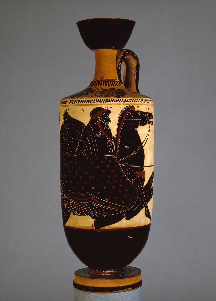 العلية Lekythos ذات الشكل الأسود التي تصور بوسيدون ، القرنين السادس والخامس قبل الميلاد (الفخار) بواسطة اليونانية