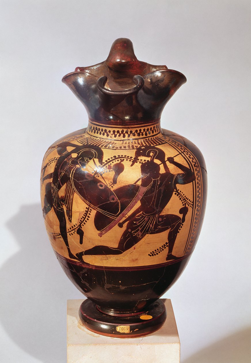oinochoe ذات الشكل الأسود مزينة بالمحاربين ، c.530-520 قبل الميلاد (سيراميك) بواسطة اليونانية