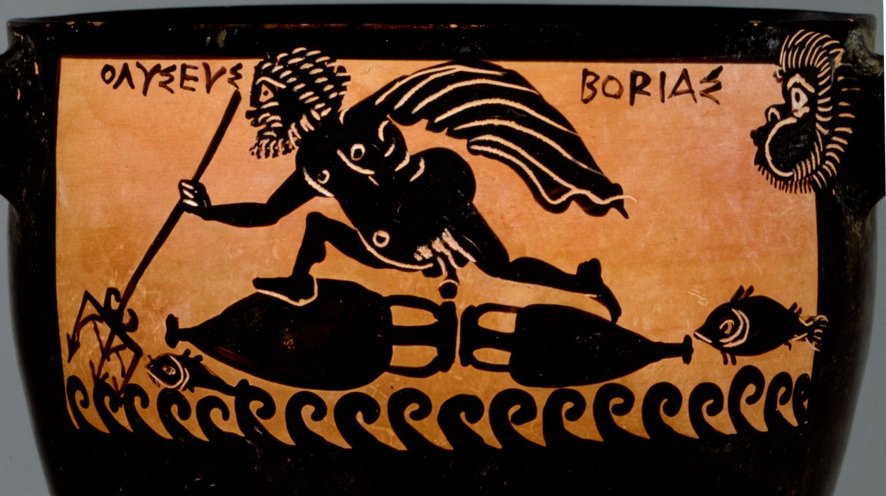 سمفوس Boeotian ذات الشكل الأسود ، مزينة بمشهد أوديسيوس يتم نفخه عبر البحر من قبل Boreas ، من ورشة عمل رسام Mystae Painter ، طيبة ، Boeotia ، أواخر القرن الخامس قبل الميلاد (السيراميك) (التفاصيل بواسطة اليونانية
