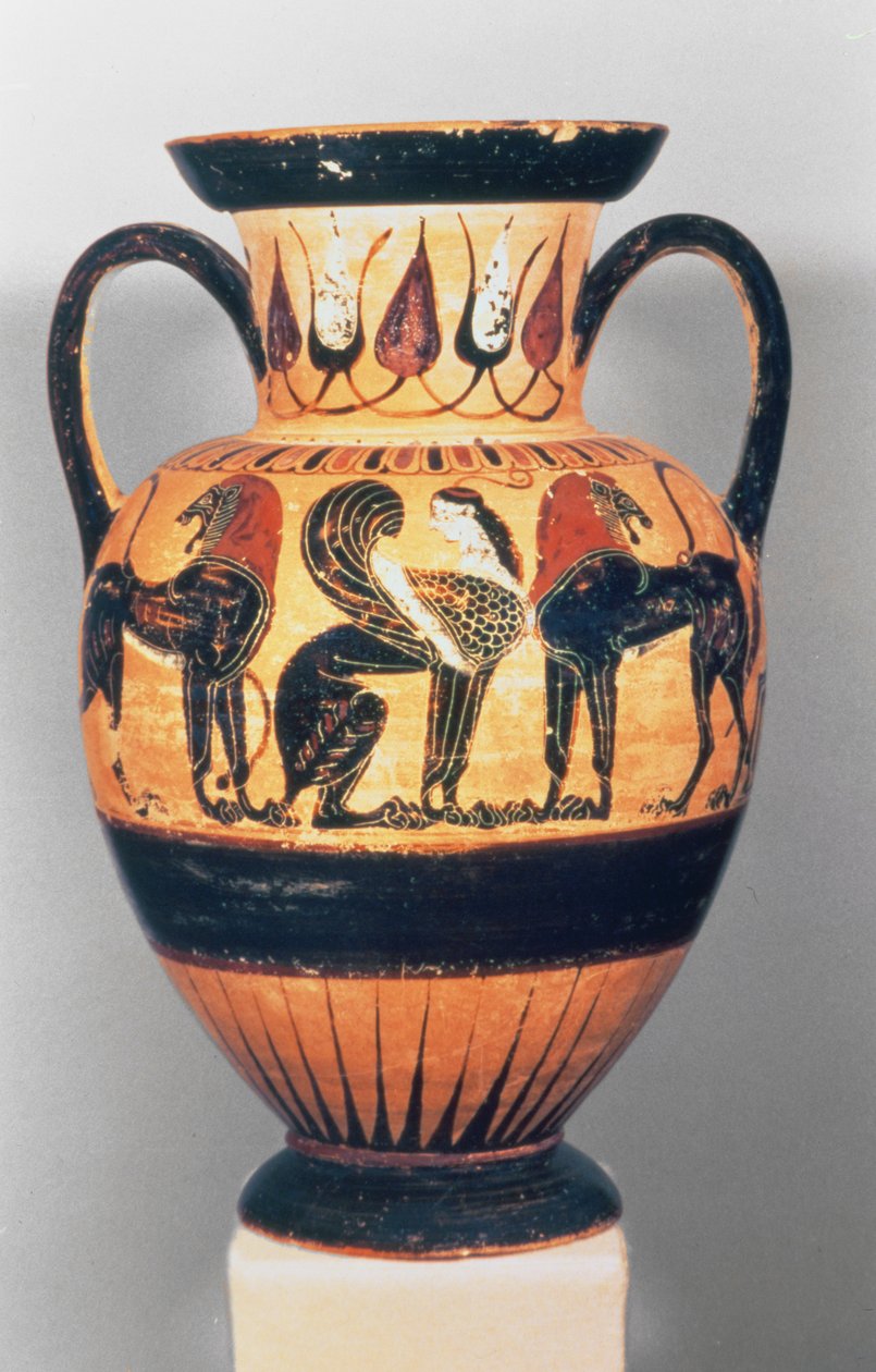 خالقيد أسود الشكل أمفورا يصور أبو الهول يحيط به أسدان ، من قبل رسام Polyphemus ، 540-30 قبل الميلاد (سيراميك) بواسطة اليونانية