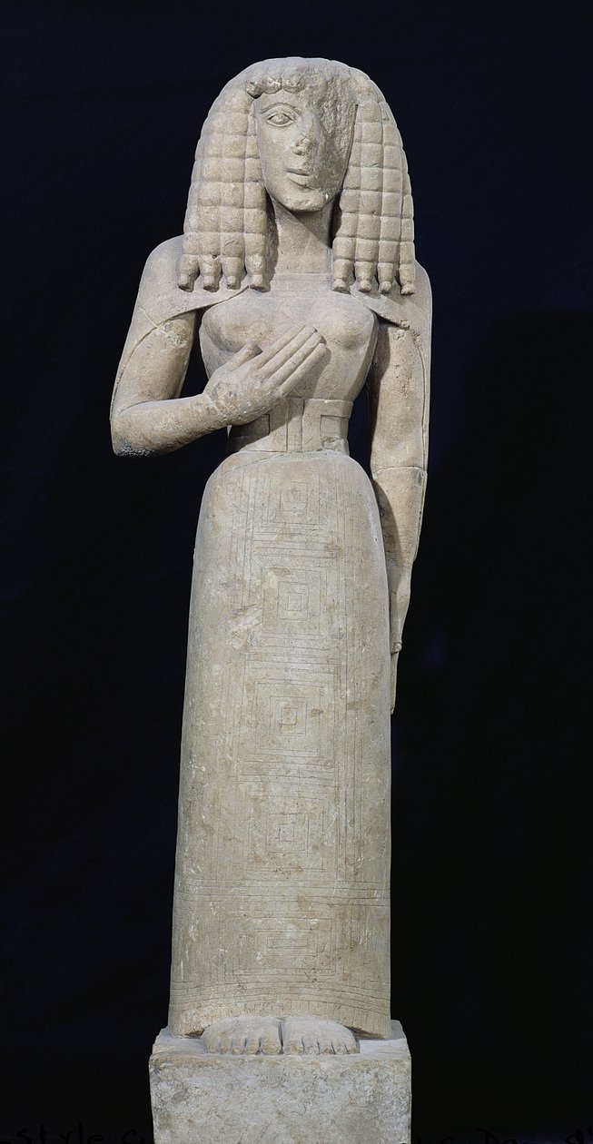 تمثال الأنثى ، والمعروف باسم Auxerre Goddess ، c.640-630 قبل الميلاد (الحجر الجيري) (انظر 164695 لمزيد من التفاصيل) بواسطة اليونانية