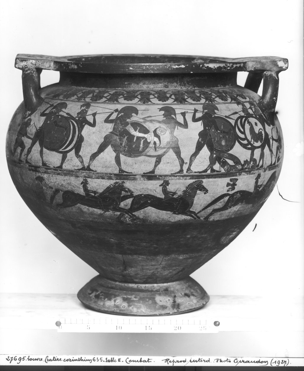 محاربون يقاتلون ، عكس `` Krater of Eurytios &39;&39; ، الأسلوب الكورنثي ، من Cerveteri ، c.600 قبل الميلاد (الفخار) بواسطة اليونانية