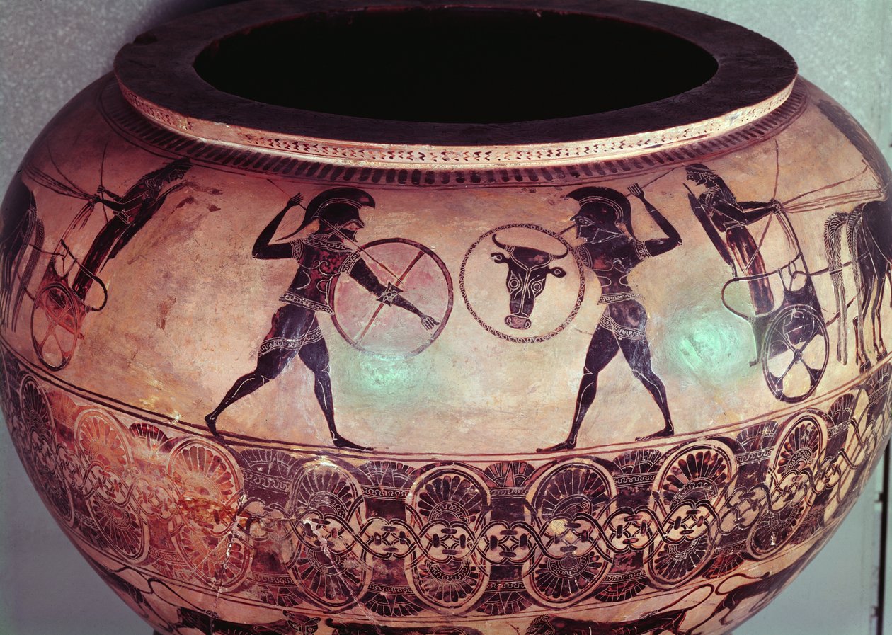 دينوس يصور Perseus و Gorgons ، التفاصيل التي توضح Hoplites يقاتلون بين مركباتهم ، c.580 قبل الميلاد (سيراميك) (انظر أيضًا 173180) بواسطة اليونانية