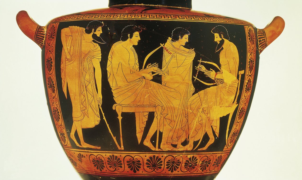 Red-figure pottery, Attic hydria by Phintias portraying music lesson بواسطة اليونانية