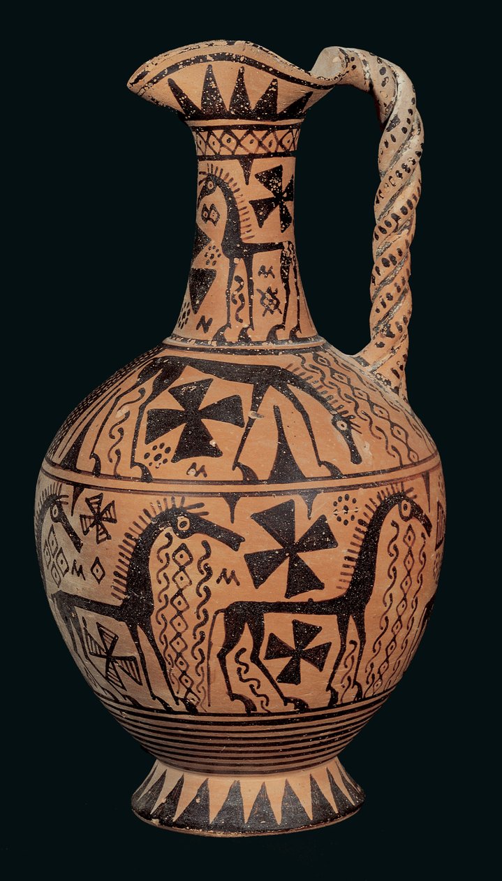 oinochoe الفم Trefoil مزينة بالخيول ، من Skyros ، Sporades ، فترة الاستشراق (675-650 قبل الميلاد) (الطين المطلي) بواسطة اليونانية