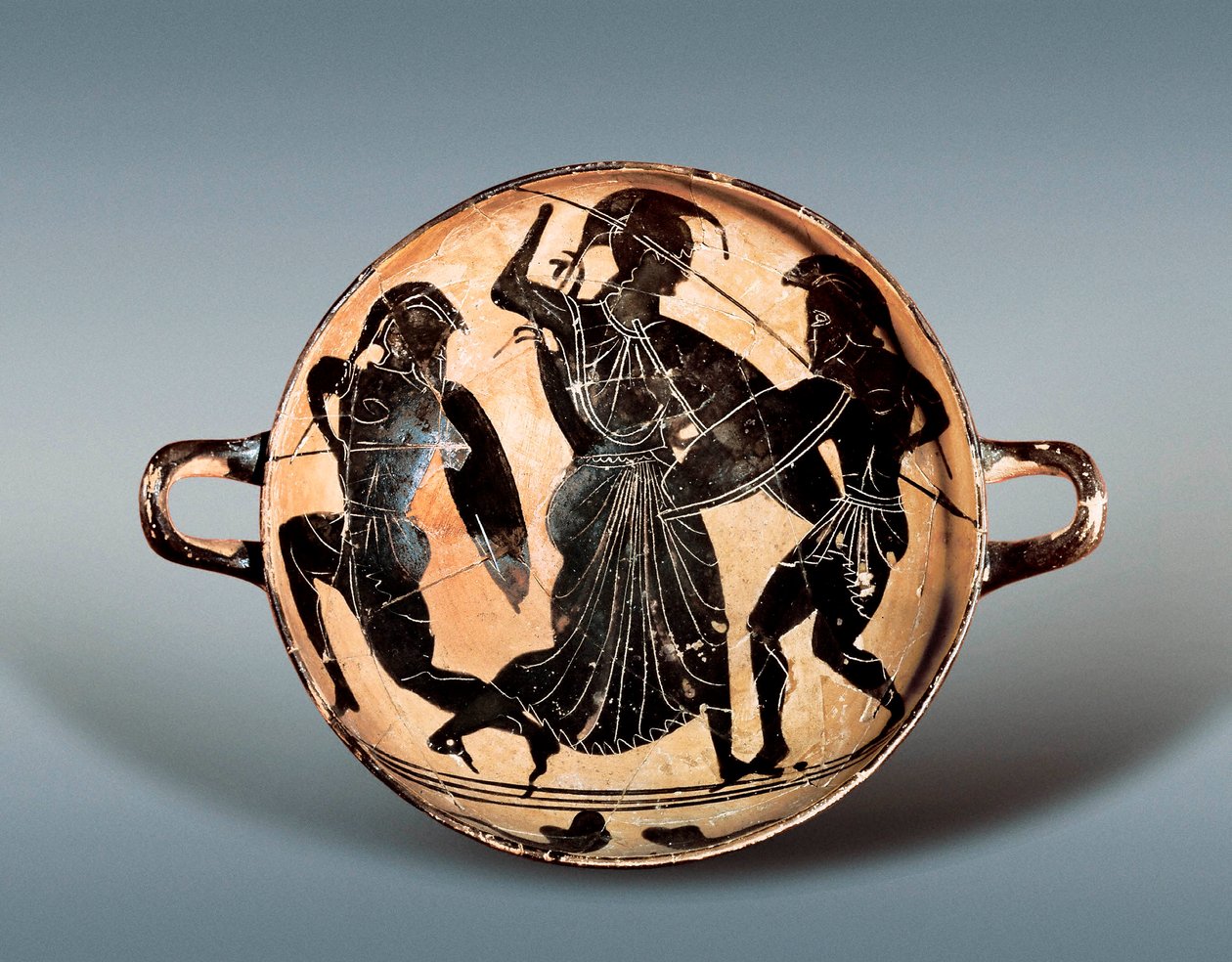 حرب طروادة: آلهة أثينا تكافح بين هيكتور وأخيل. القرن السادس قبل الميلاد. Kylix (كوب الشرب) له أشكال سوداء في السيراميك ، المتحف الأثري في كاتالونيا ، برشلونة. بواسطة اليونانية