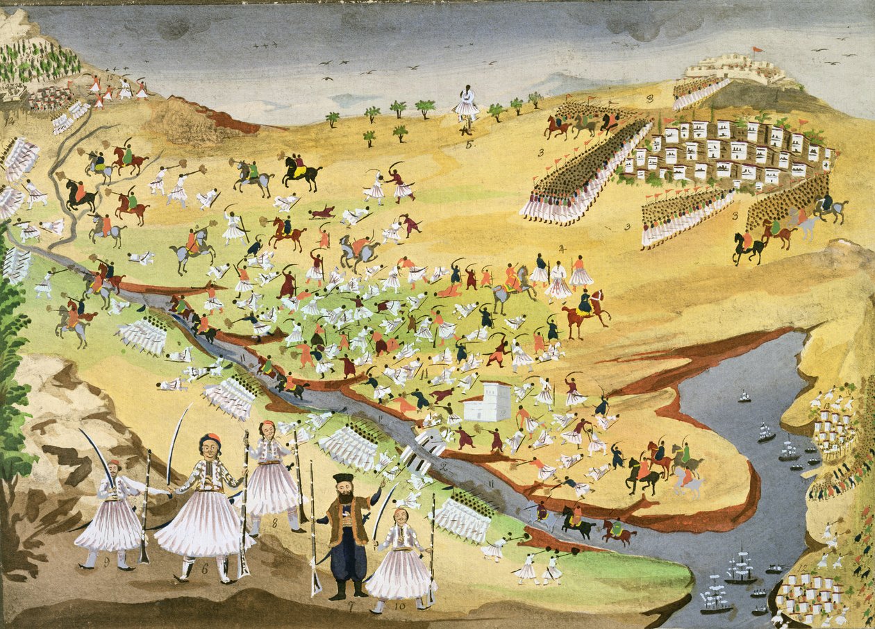 المعركة الأولى بين اليونانيين والأتراك ، على جسر الأمانة عام 1821 ، من التاريخ المصور لحرب الاستقلال اليونانية بواسطة المدرسة اليونانية