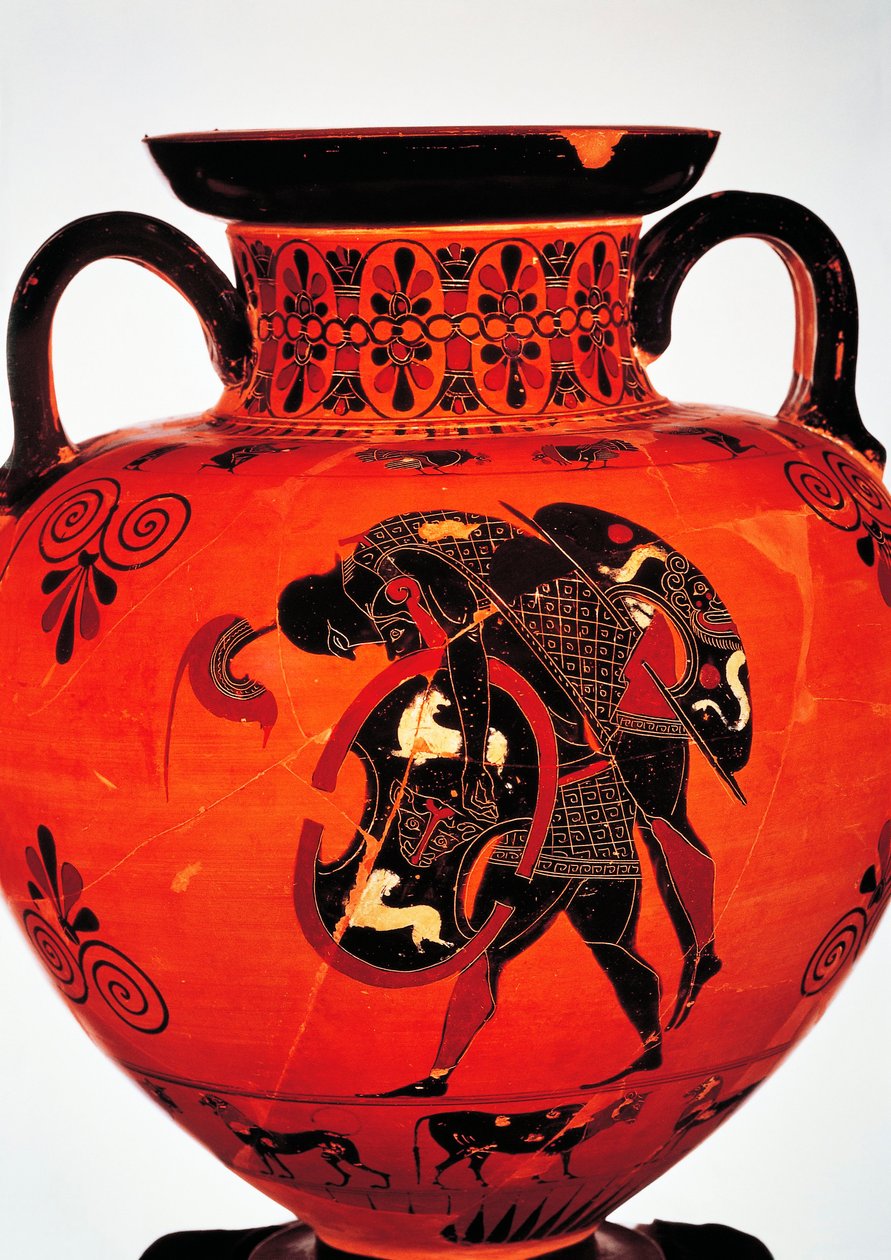 Greek civilization, 6th century b.C. Black-figure pottery. Amphora depicting Ajax carrying the body of Achilles. بواسطة المدرسة اليونانية