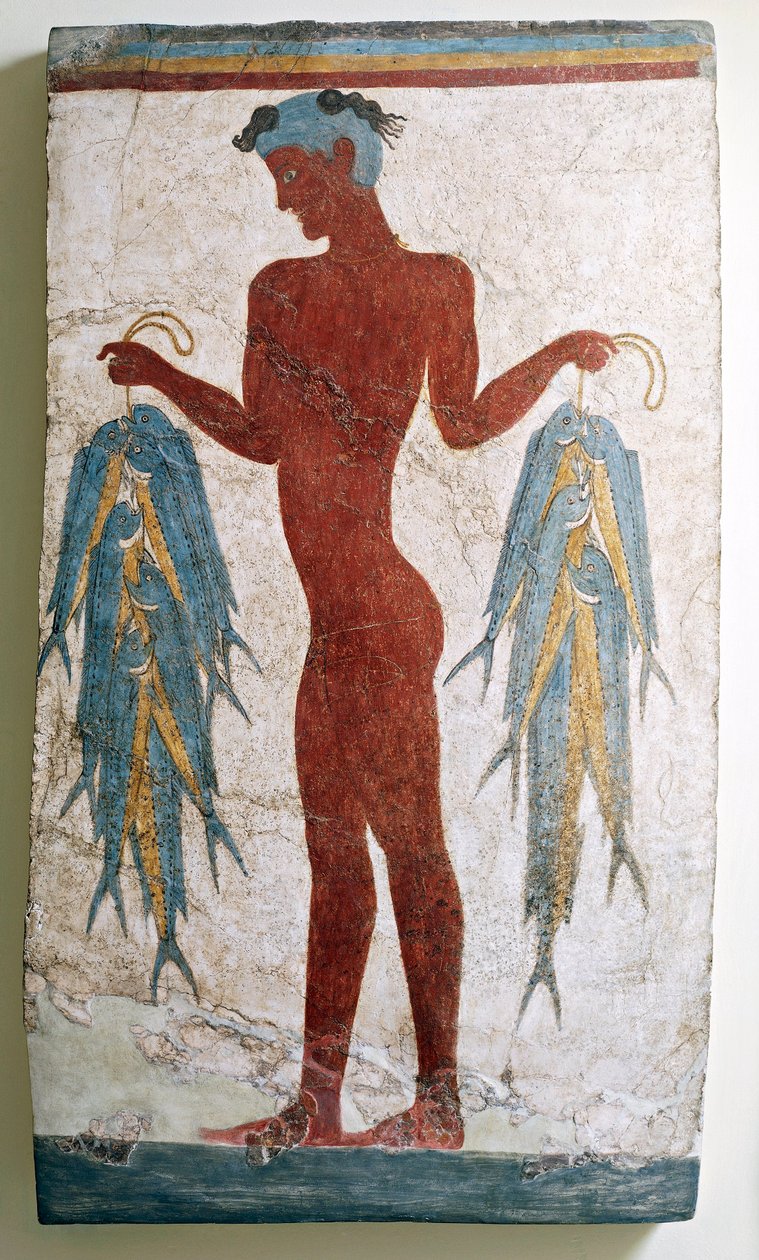 الحضارة اليونانية ، لوحة جدارية تصور صيادًا ، من أكروتيري ، ثيرا ، سانتوريني ، اليونان بواسطة المدرسة اليونانية