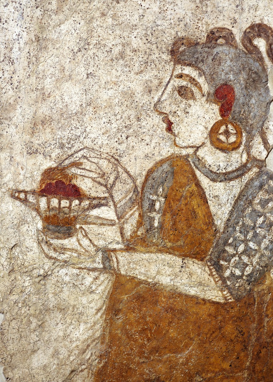 الحضارة اليونانية ، لوحة جدارية تصور الكاهنة تحرق البخور ، من أكروتيري ، جزيرة ثيرا ، سانتوريني ، اليونان بواسطة المدرسة اليونانية