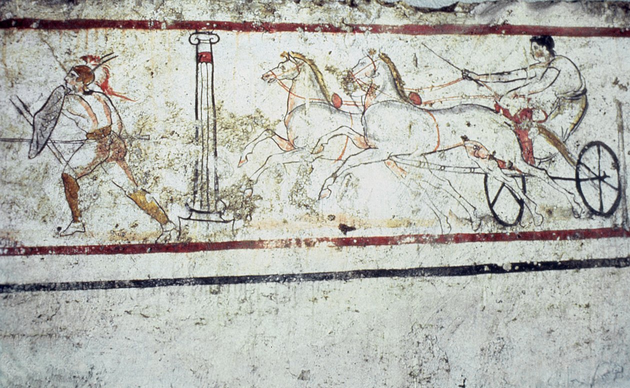 لوحة قبر جدارية في لوسان تصور مصارع ورجل على عربة ، Paestum 350-330 قبل الميلاد بواسطة المدرسة اليونانية