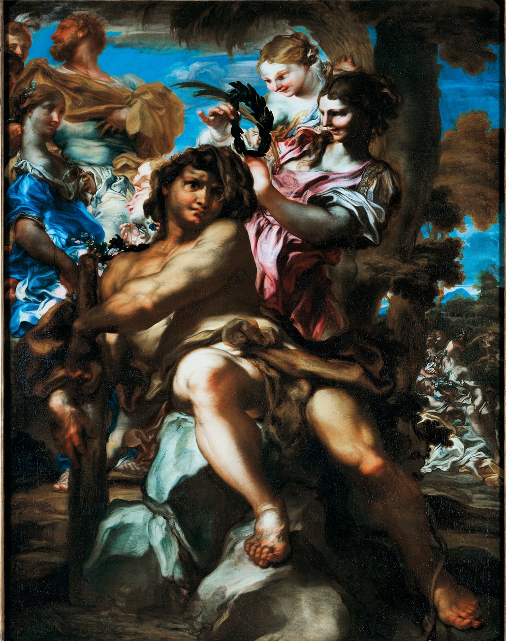 Hercules welcomed in Olympus Representation of the Apotheosis of Hercules (Heracles) welcomed among the gods on Olympus, it is a crown of laurels. Painting by Gregorio De Ferrari (1647-1726) Private Collection بواسطة جريجوريو ديفيراري
