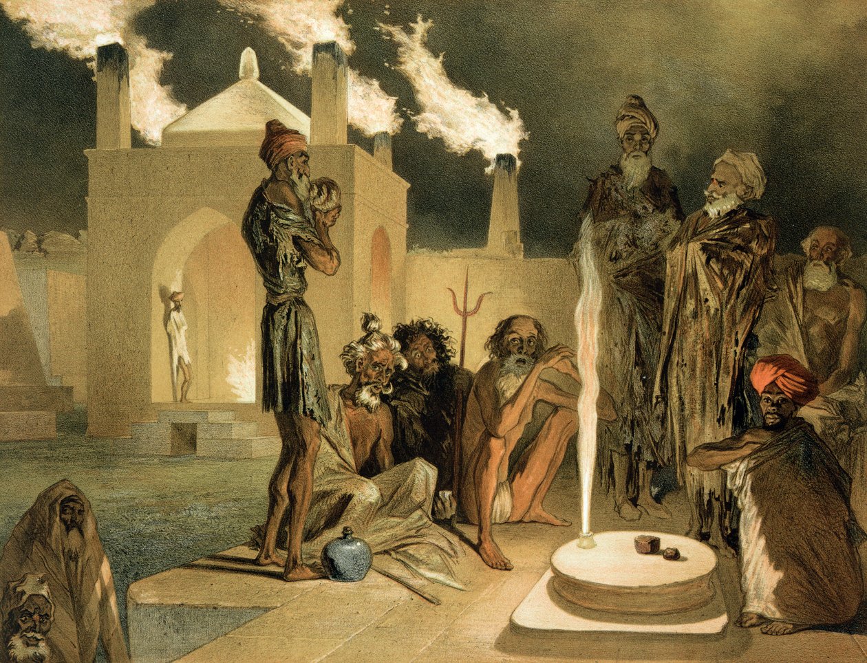 Ateseh-Gah ، الهنود المكرسون لعبادة النار ، باكو ، اللوحة 44 من كتاب عن القوقاز ، محفور بواسطة Leroux ، حانة. بقلم ألفريد ليون لوميرسييه ، 1847 بواسطة غريغوري جريجوريفيتش جاجارين