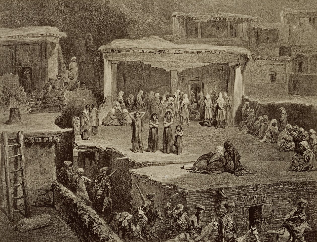 مراسم الجنازة في أطلال Akhaltchi ، داغستان ، اللوحة 70 من كتاب عن القوقاز ، نقش بواسطة Eugene Le Roux (1807-63) نشره Alfred Leon Lemercier ، باريس ، 1847 بواسطة غريغوري جريجوريفيتش جاجارين