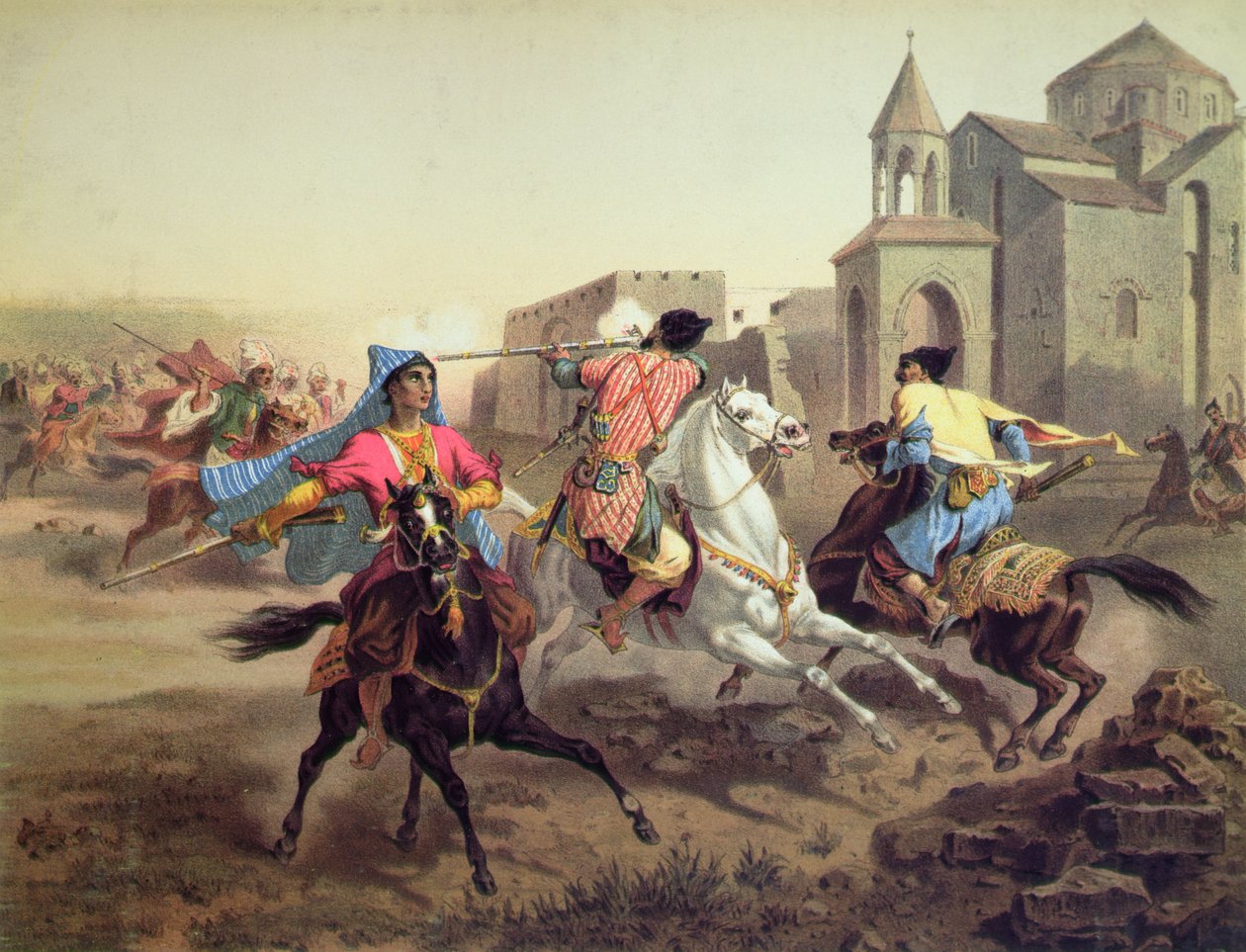 مناوشات الفرس والأكراد في أرمينيا ، طبعها ألفريد ليون ليميرسييه ، باريس ، حوالي 1850-60 (ليثو ملون) بواسطة غريغوري غريغوريفيتش (بعد) غاغارين