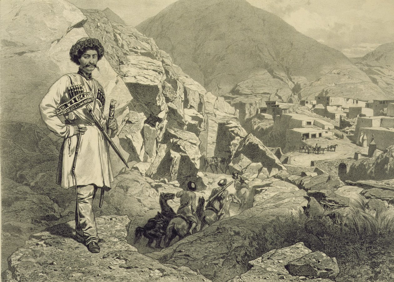 الوصول إلى Tsatanykh ، داغستان ، اللوحة 12 من كتاب عن القوقاز ، محفور بواسطة Jules Didier (1831-1892) ، نشره Alfred Leon Lemercier ، باريس ، 1847 بواسطة غريغوري جريجوريفيتش جاجارين