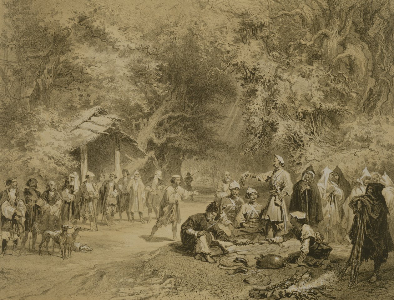نهاية الصيد ، Mingrelia ، اللوحة 6 من كتاب عن القوقاز ، محفور بواسطة Adolphe Mouilleron (1820-1881) نشره Alfred Leon Lemercier ، باريس ، 1847 بواسطة غريغوري جريجوريفيتش جاجارين