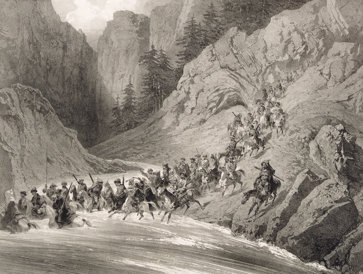 Tcherkersseians على غارة بالقرب من البحر الأسود ، اللوحة 4 ، من كتاب عن القوقاز ، محفور من قبل يوجين سيسيري (1813-1890) وأدولف جان باتيست بايوت (1810-66) ، نشره ألفريد ليون لوميرسييه ، ص بواسطة غريغوري جريجوريفيتش جاجارين
