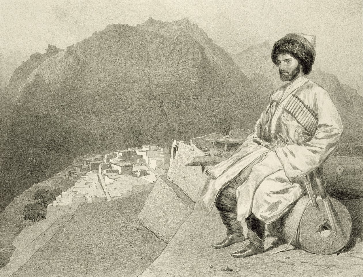منظر غيمري وصورة حاجي مراد ، لوحة 66 من كتاب عن القوقاز ، نقشه جول جوزيف أوغسطين لورينز (1825-1901) ويوجين سيسيري (1813-1890) بواسطة أدولف مويليرون (1820-1881) ، بو بواسطة غريغوري جريجوريفيتش جاجارين