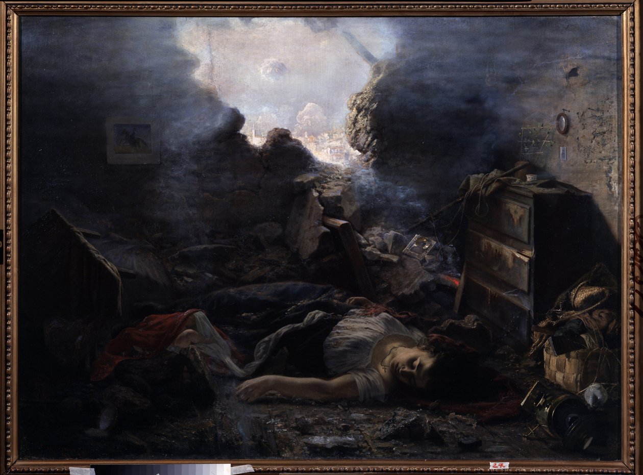 حصار سيفاستوبول (أوكرانيا) (حصار سيفاستوبول). وصف لفظائع حرب القرم (1853-1856) ، أثناء حصار سيباستوبول عام 1854. جثث امرأة وطفلها ملقاة على أرضية منزلهما مع الجدار الممزق بواسطة غريغوري غريغوريفيتش مياسويدوف