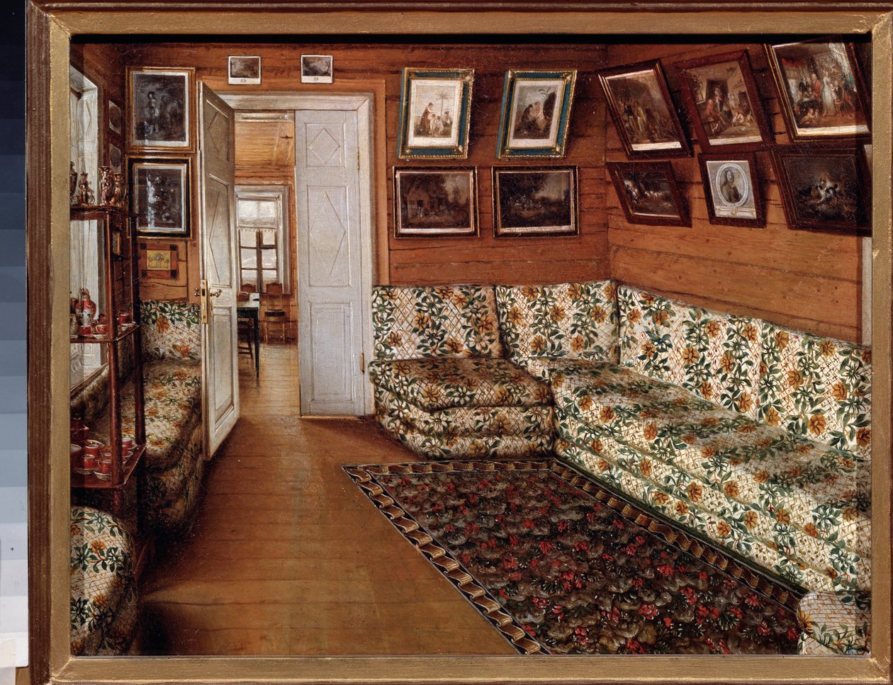 غرفة الاستقبال في منزل مانور - رسم غريغوري فاسيليفيتش سوروكا (1823-1863) ، زيت على قماش - الفن الروسي في القرن التاسع عشر - متحف الدولة المفتوح للتاريخ والفن ، بسكوف (روسيا) بواسطة Grigori Vasilievich Soroka