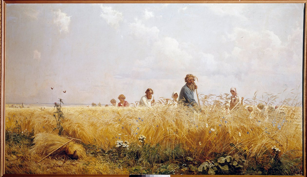 حصاد الفلاحين الروس لقص العشب. لوحة لغريغوري مياسويدو (1835-1911) بيترهوف من القرن التاسع عشر ، مكتبة القصر بواسطة غريغوري مياسويدوف
