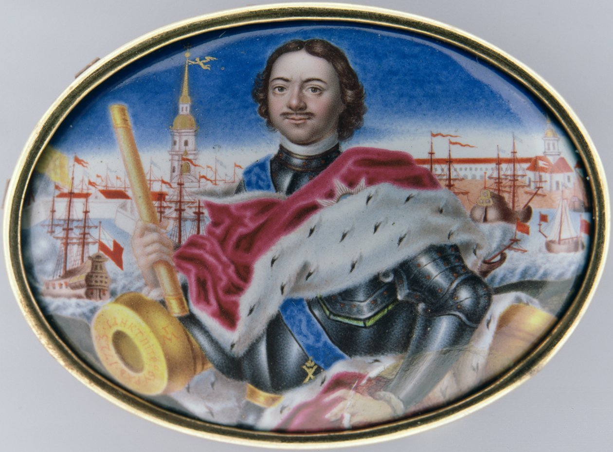 صورة لبطرس الأول (1672-1725) ضد حصن القديس بطرس وسانت بولس وميدان الثالوث في سانت بطرسبرغ ، 1723 (المينا على الذهب) (انظر 126084) بواسطة غريغوري سيميونوفيتش موسيكييسكي