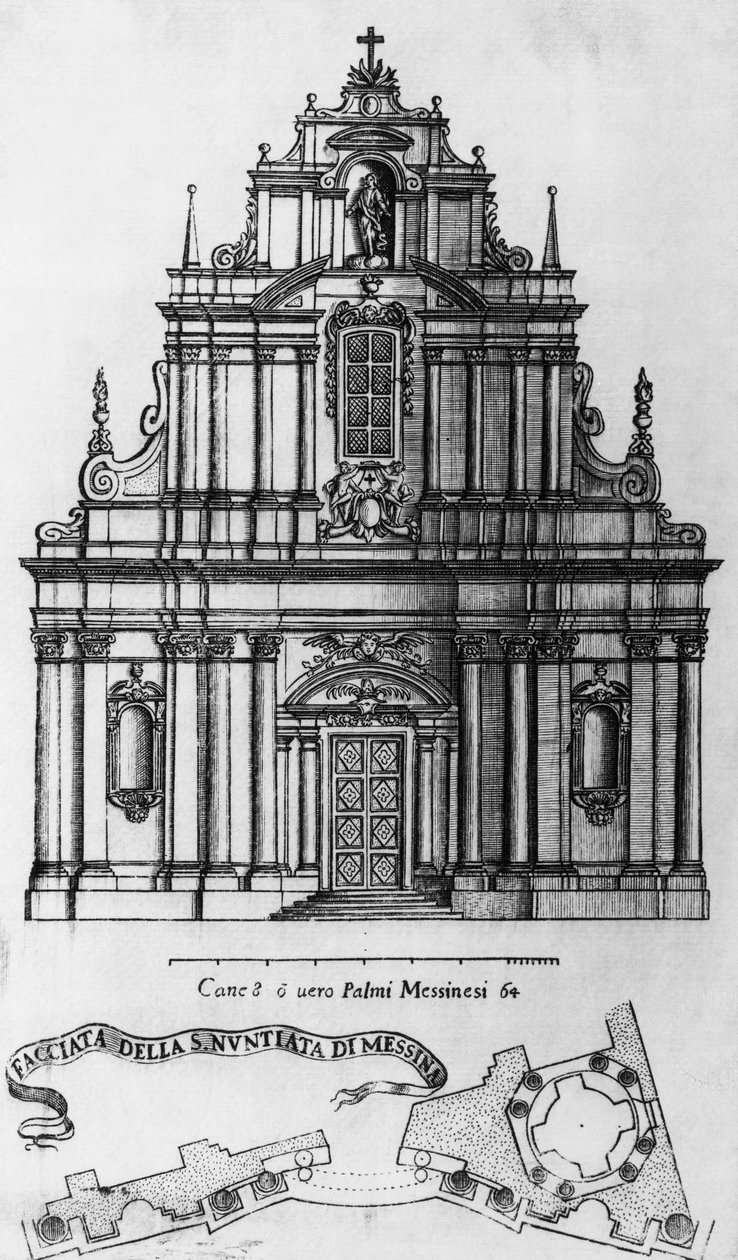 واجهة وتصميم كنيسة البشارة في ميسينا ، نقش غوارينو غواريني (1624-1683) ، إيطاليا بواسطة Guarino guarini