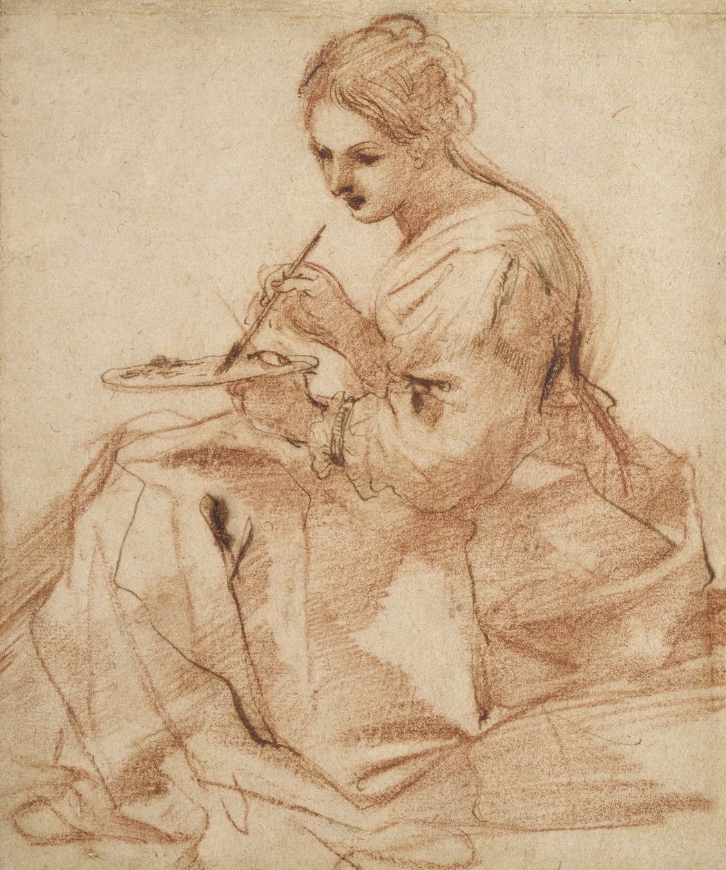 لوحة امرأة (رمزية للرسم) ، c.1618 (طباشير أحمر يلمس بالقلم والحبر البني على ورق أبيض فاتح) بواسطة جيوفاني فرانشيسكو باربيري (Il Guercino)