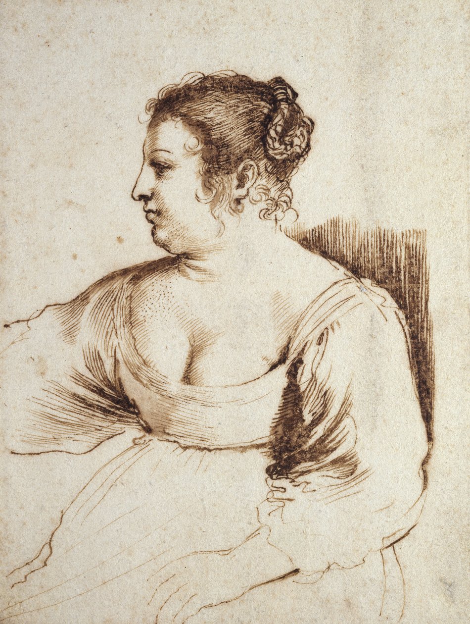 امرأة جالسة ، 1640-1649 (قلم وحبر بني مع غسل بني على ورق أبيض) بواسطة جيوفاني فرانشيسكو باربيري (Il Guercino)