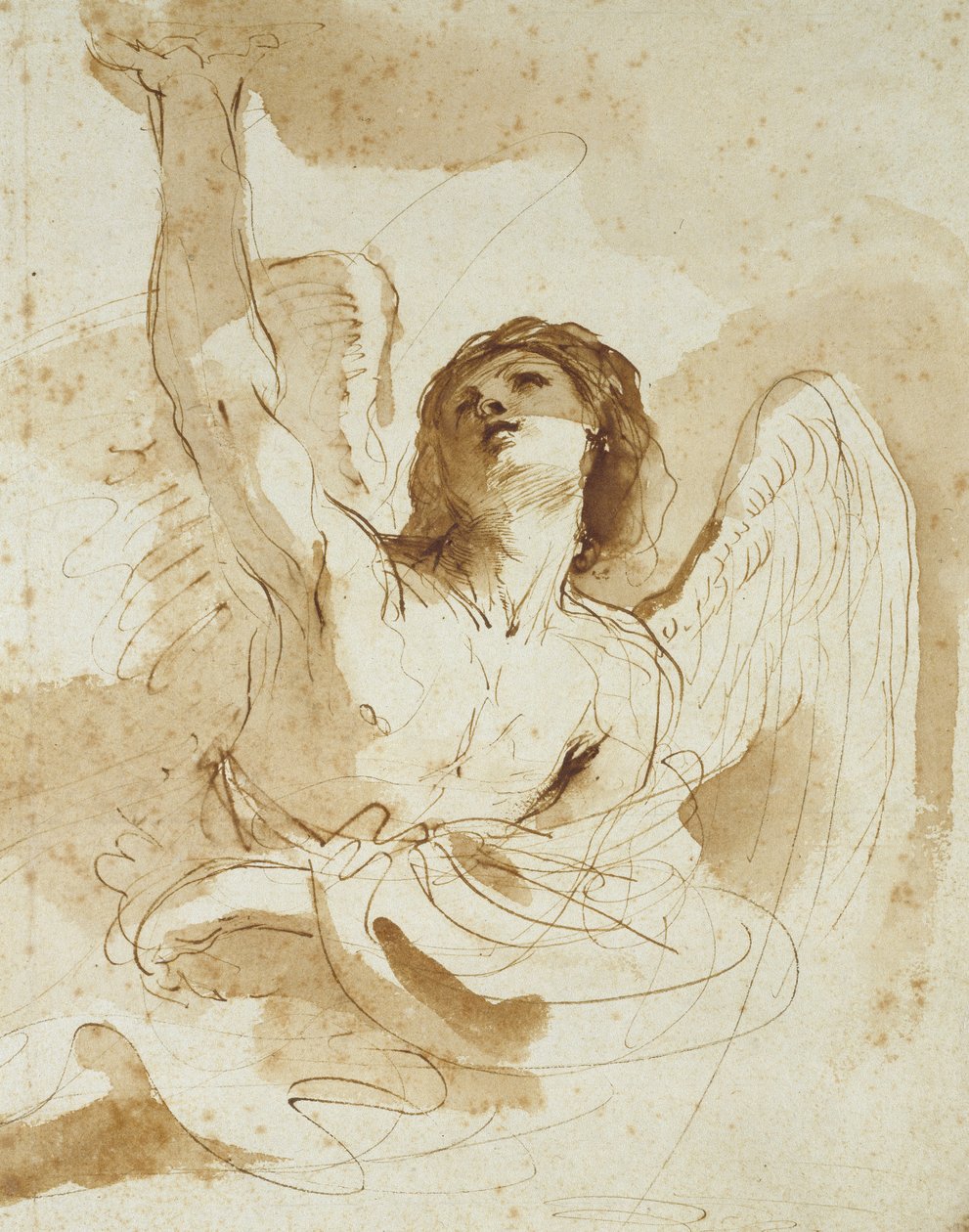 ملاك (قلم وحبر بني مع غسل بني على ورق أبيض باهت) بواسطة جيوفاني فرانشيسكو باربيري (Il Guercino)