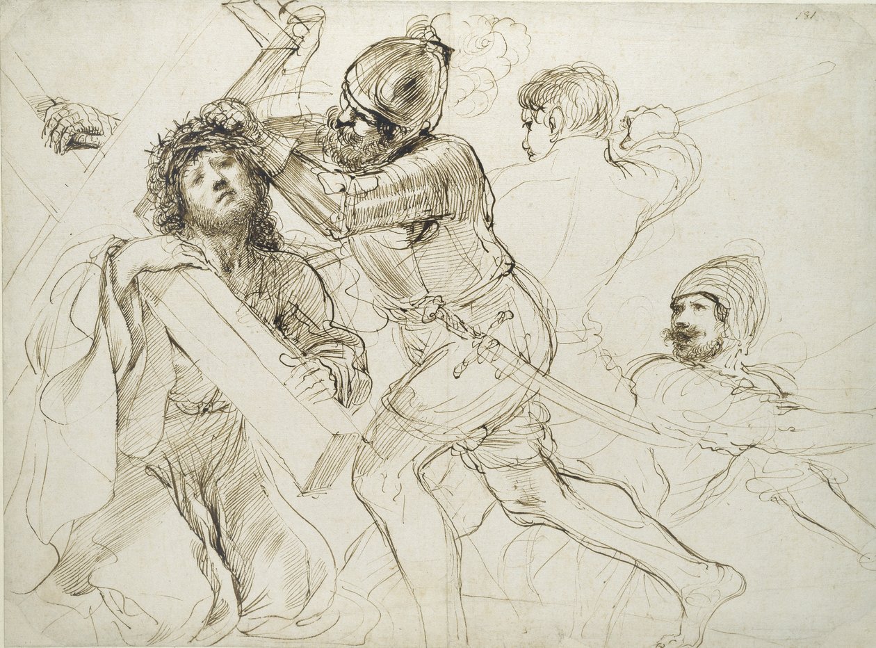 المسيح يحمل الصليب ، 1625 - 1628 (قلم وحبر بني على ورق أبيض) بواسطة جيوفاني فرانشيسكو باربيري (Il Guercino)