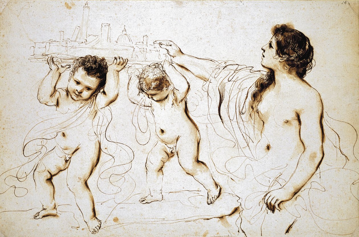 شعار مدينة بولونيا ، 1625-1629 (قلم وحبر بني مع غسل بني على ورق أبيض) بواسطة جيوفاني فرانشيسكو باربيري (Il Guercino)
