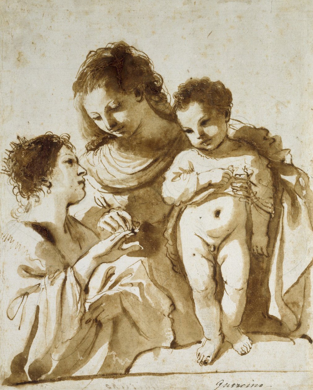 الزواج الصوفي لسانت كاترين ، 1618 - 1619 (قلم وحبر بني مع غسل بني فوق مؤشرات بالطباشير الأسود على ورق أبيض) بواسطة جيوفاني فرانشيسكو باربيري (Il Guercino)
