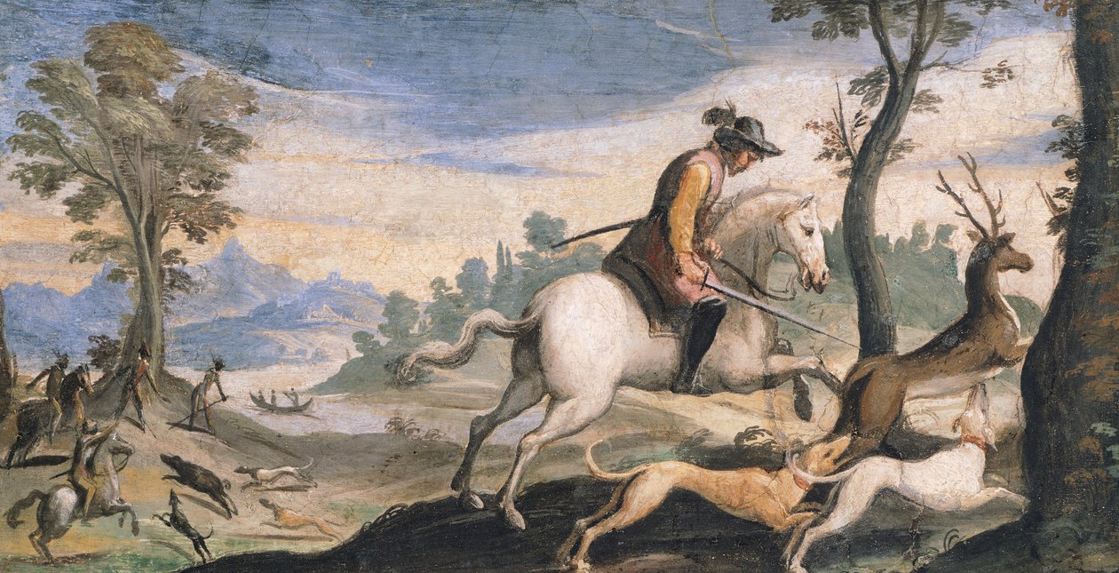 صيد الغزلان والخنزير البري ، بواسطة جيوفاني فرانشيسكو باربيري ، المعروف باسم جويرسينو (1591-1666) ، في الهواء الطلق ، 53x101 سم بواسطة جويرسينو