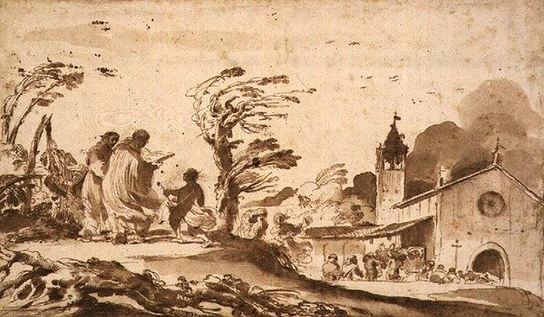 PD.1-1987 منظر طبيعي مع موكب جنازة (حبر وغسل) بواسطة جويرسينو
