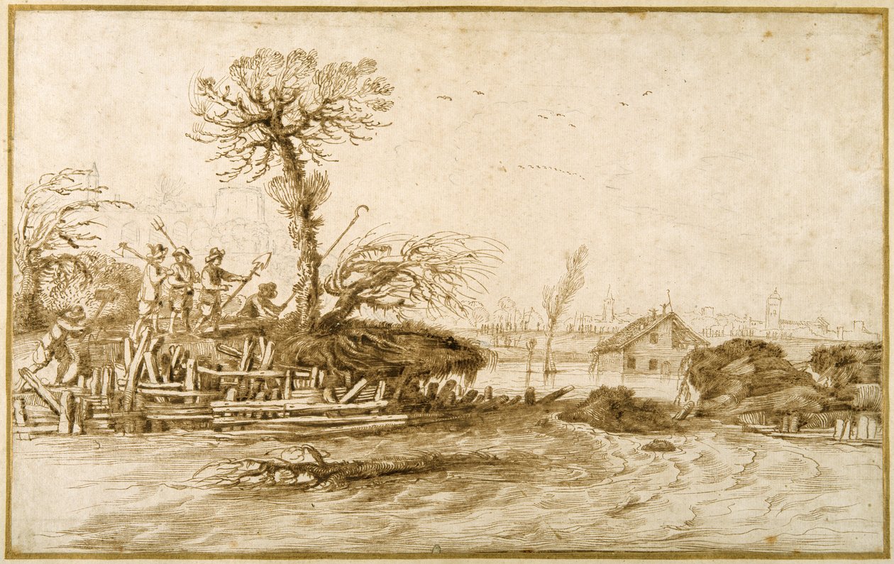 A river in flood, and peasants with axes and other tools (pen & ink over chalk on paper) بواسطة جويرسينو