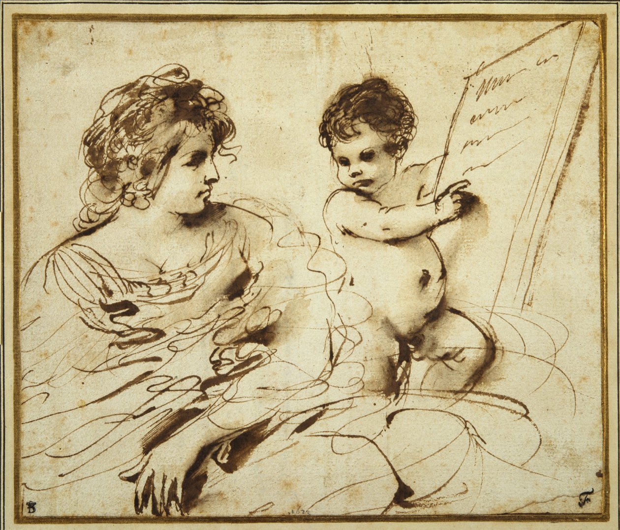 A seated Sibyl accompanied by a putto holding up a large inscribed tablet (pen & brown ink with wash on paper) بواسطة جويرسينو